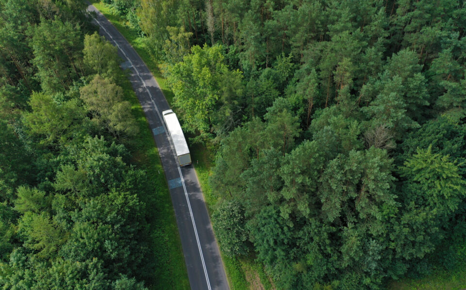 En väg med en vit lastbil som kör genom skogen.
