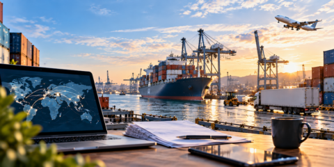 Skrivbord med laptop och världskarta framför en containerhamn i solnedgång