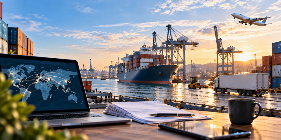 Skrivbord med laptop och världskarta framför en containerhamn i solnedgång