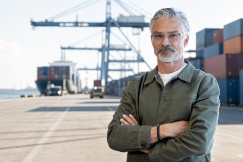 Containerhamn med kranar och containerfartyg